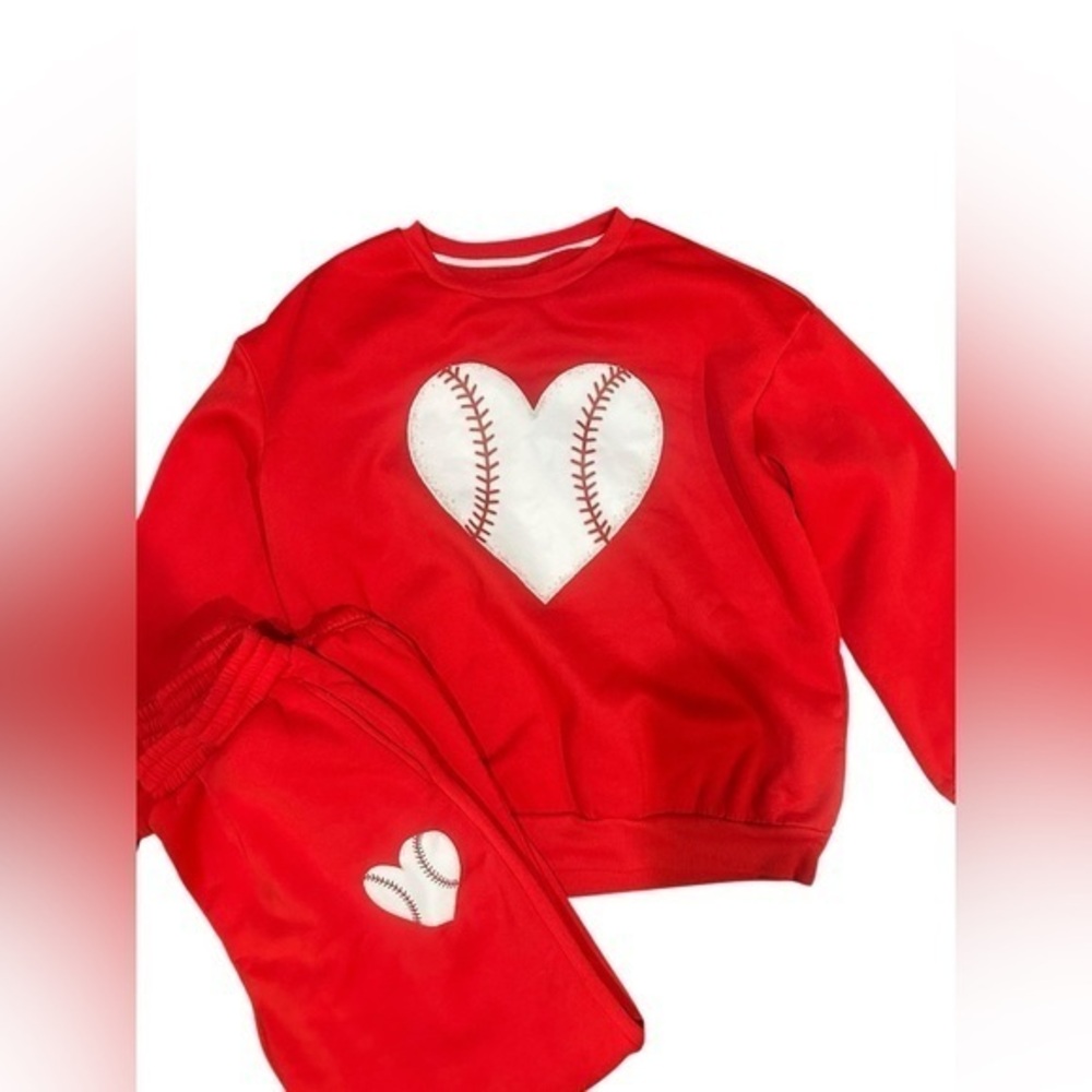 Baseball Heart Crewneck Sweatshirt and Joggers Set - Womens Size Large Red White